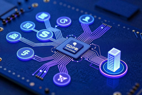 Conceptual image of the GDPR on a circuit board minimising data flow to a company on that board.