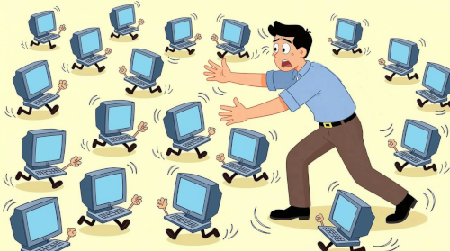 Cartoon of one worrid man trying to capture many small computers that are running around a room causing havoc.